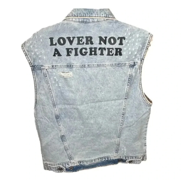 H&M Lover Not a Fighter Denim Distressed Oversized Vest NWT - Picture 2 of 5